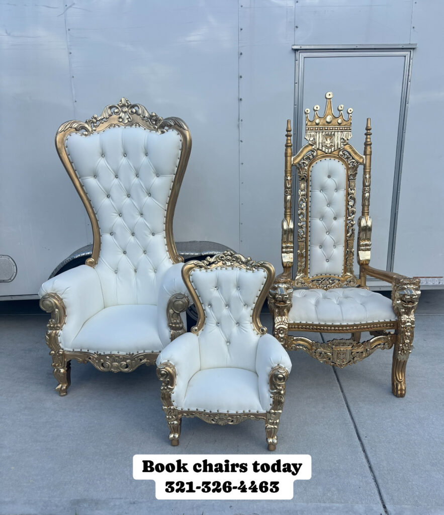 Gold and white throne chair rental in Palm Bay