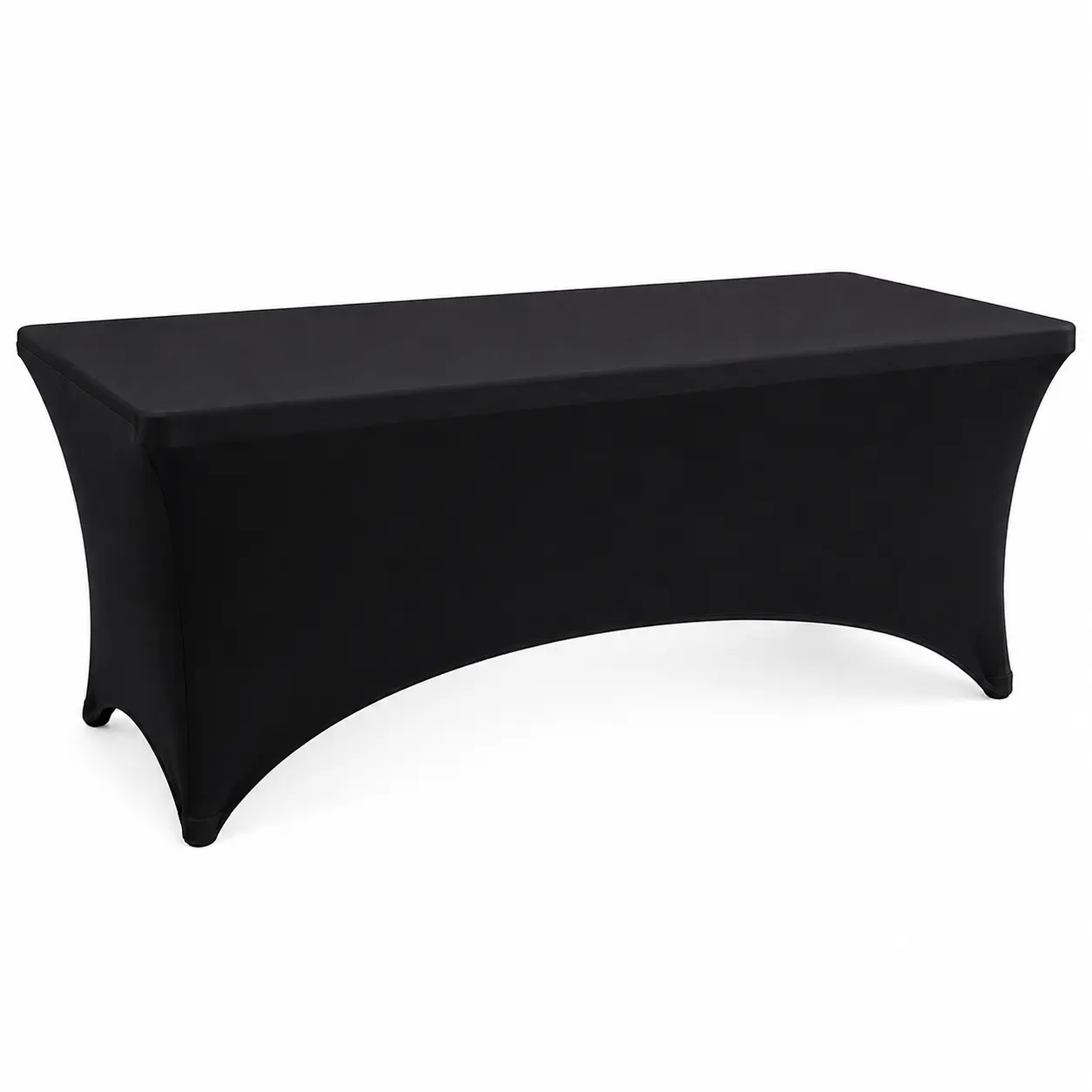 Black six-foot stretch table cover rental