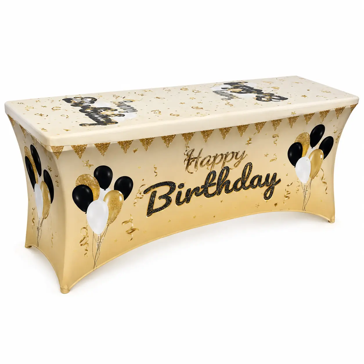 Six-foot Happy Birthday table cover rental