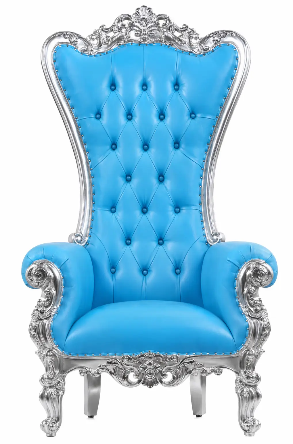 Single Silver and Blue throne chair rental from Hive Party Rentals