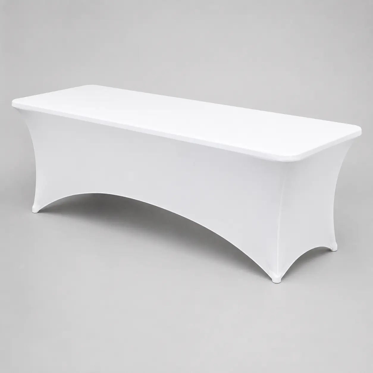 White eight-foot stretch table cover rental
