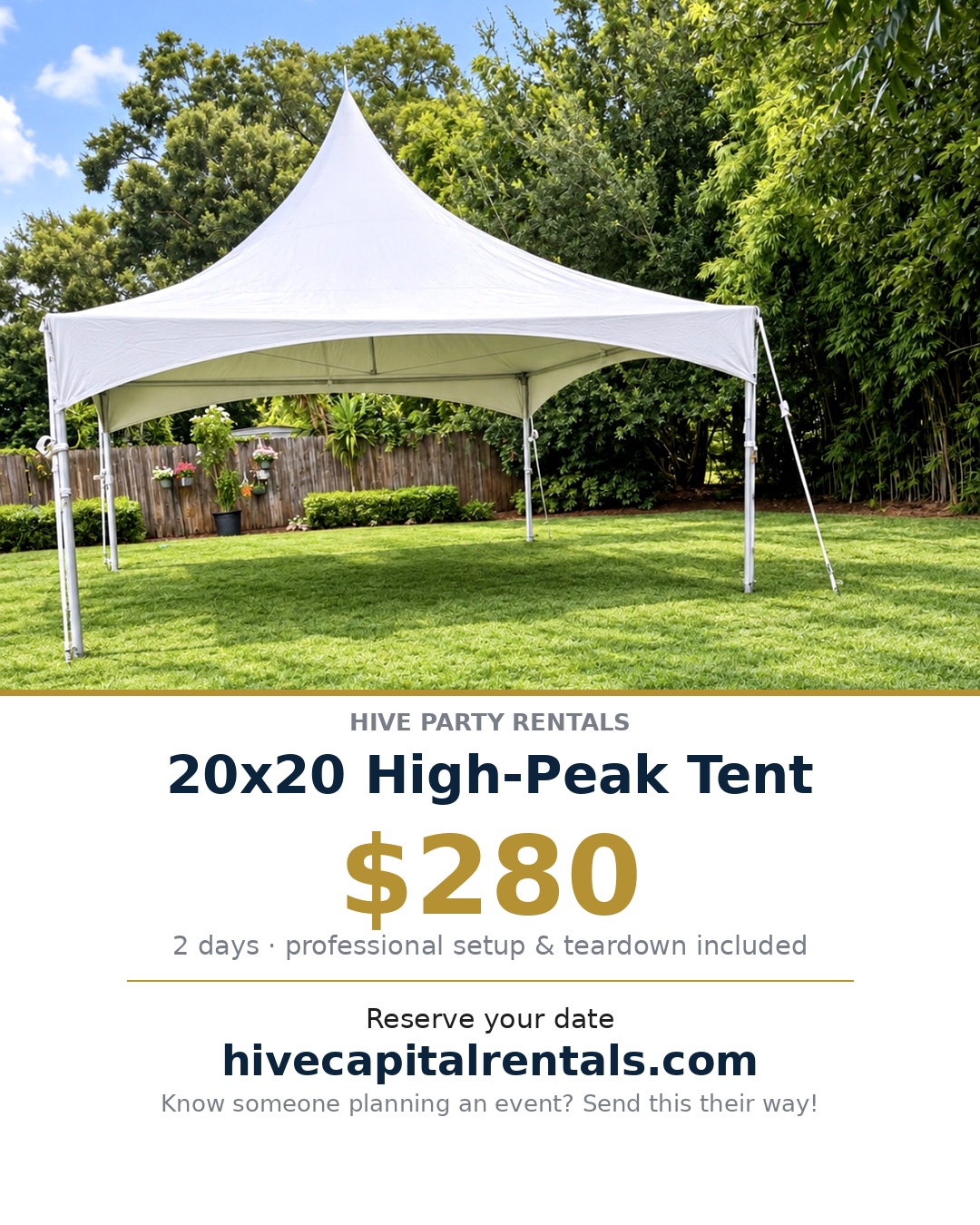 20x20 high-peak tent rental in Vero Beach FL